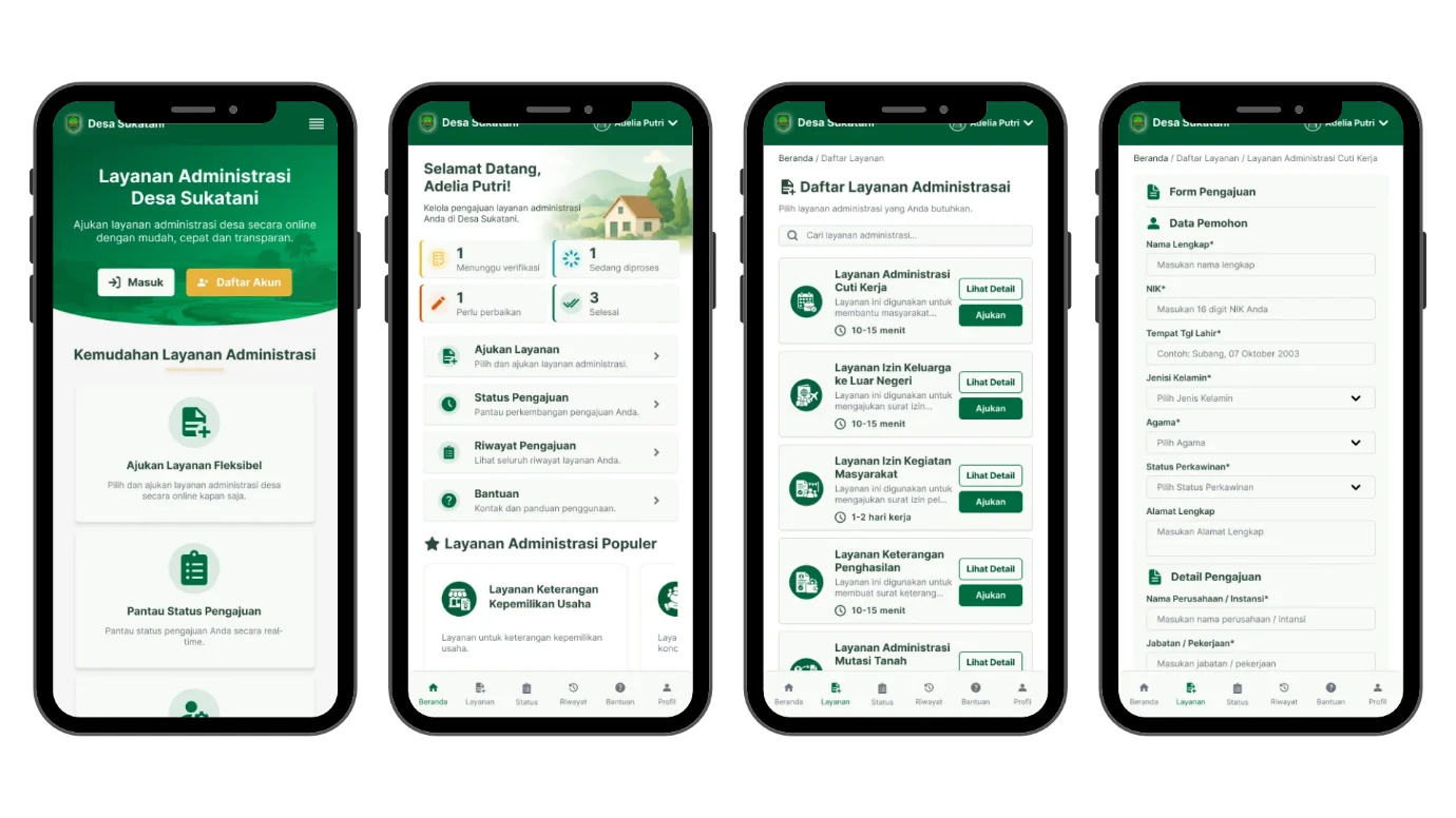 Four mobile screens designed for Sukatani Village administrative services