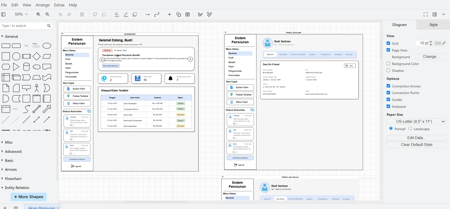 Pension management system wireframes in Draw.io