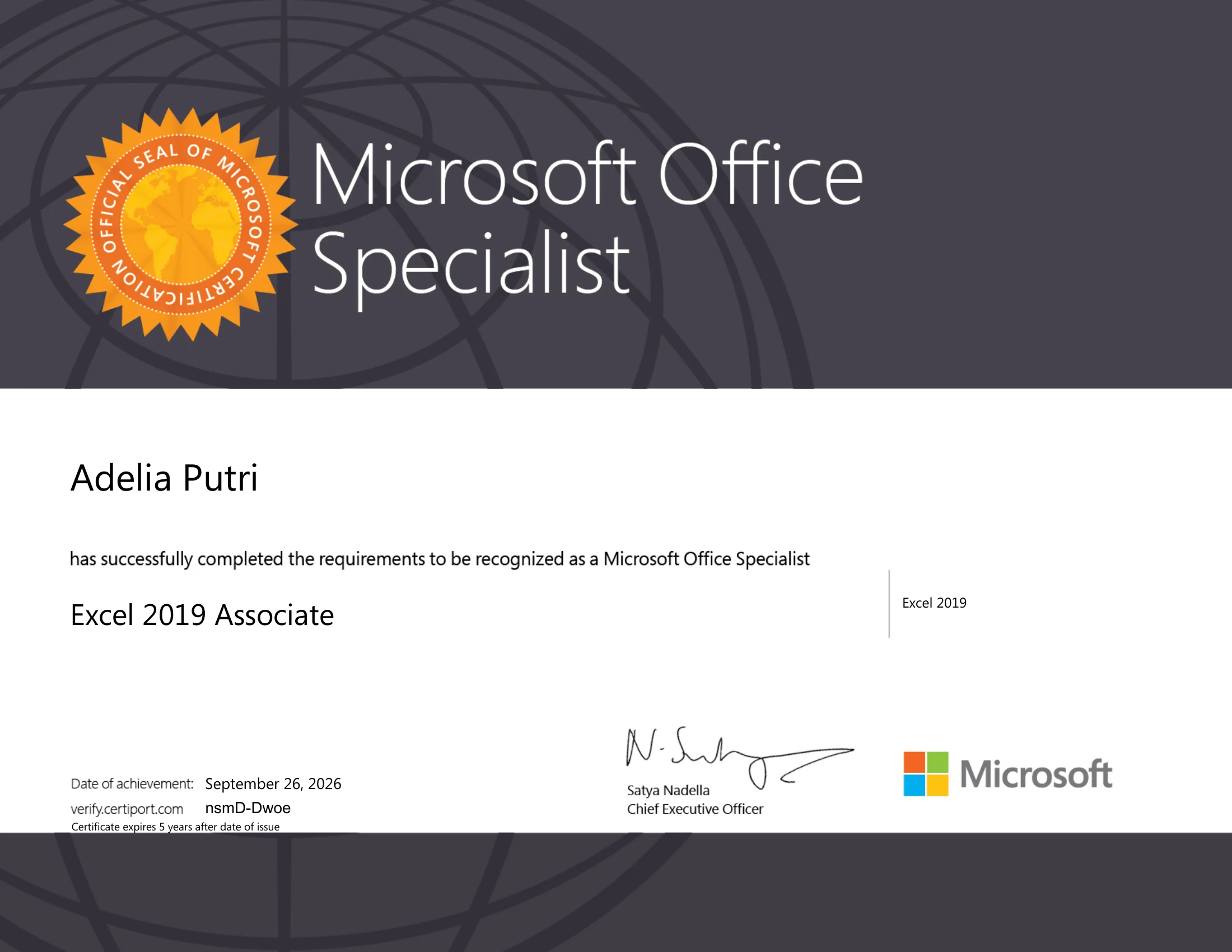 Microsoft Office Specialist Excel 2019 Associate certificate