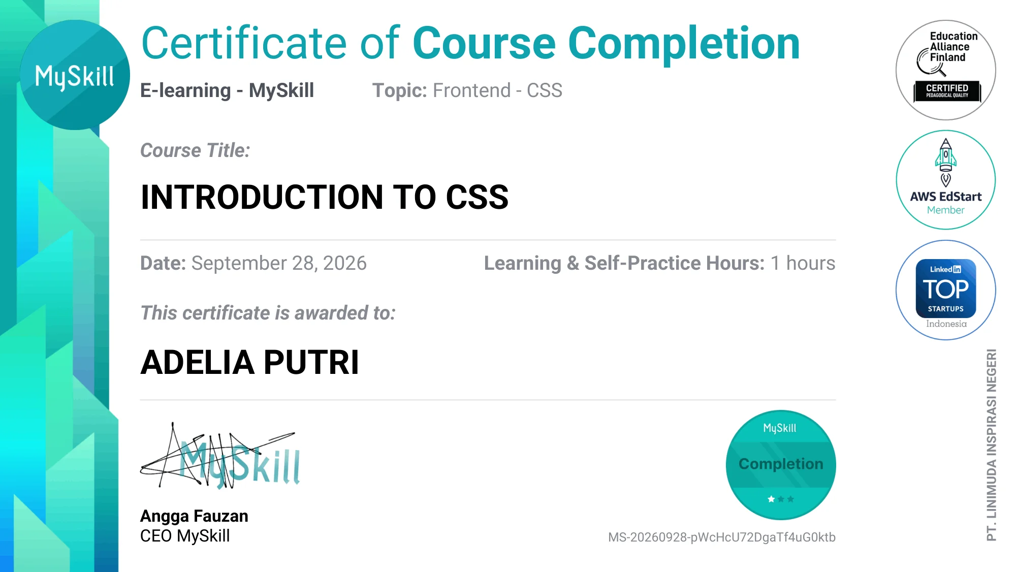 MySkill Introduction to CSS certificate