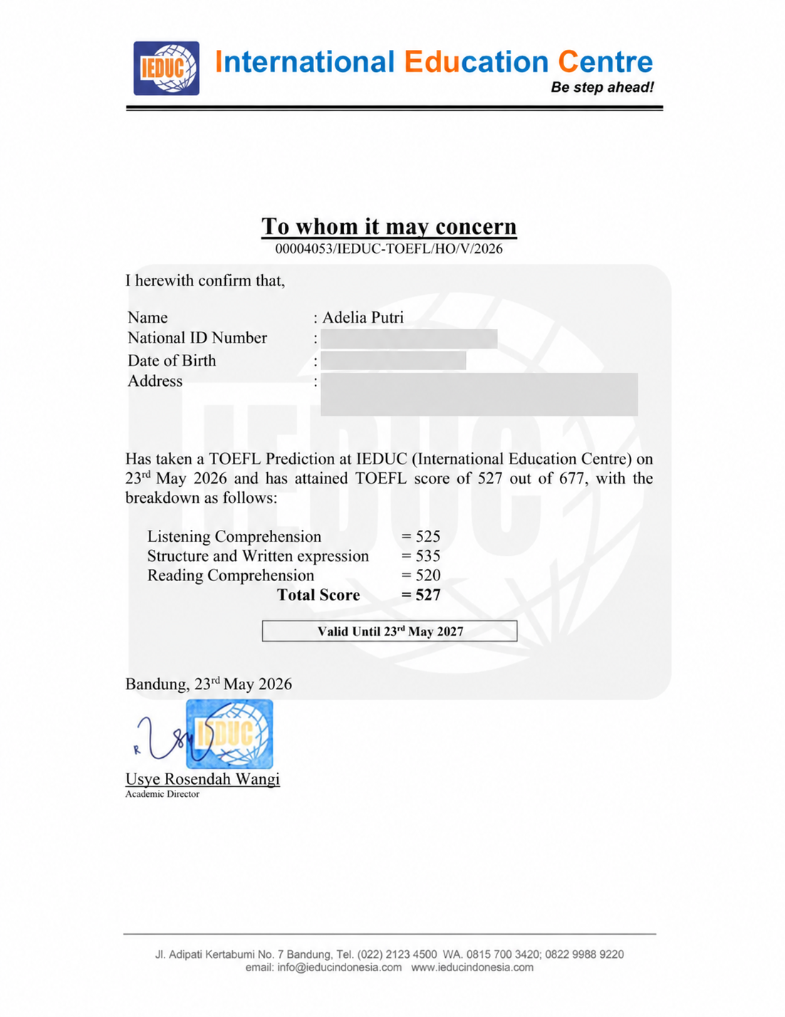 TOEFL Prediction certificate showing a score of 527 out of 677, with personal details redacted